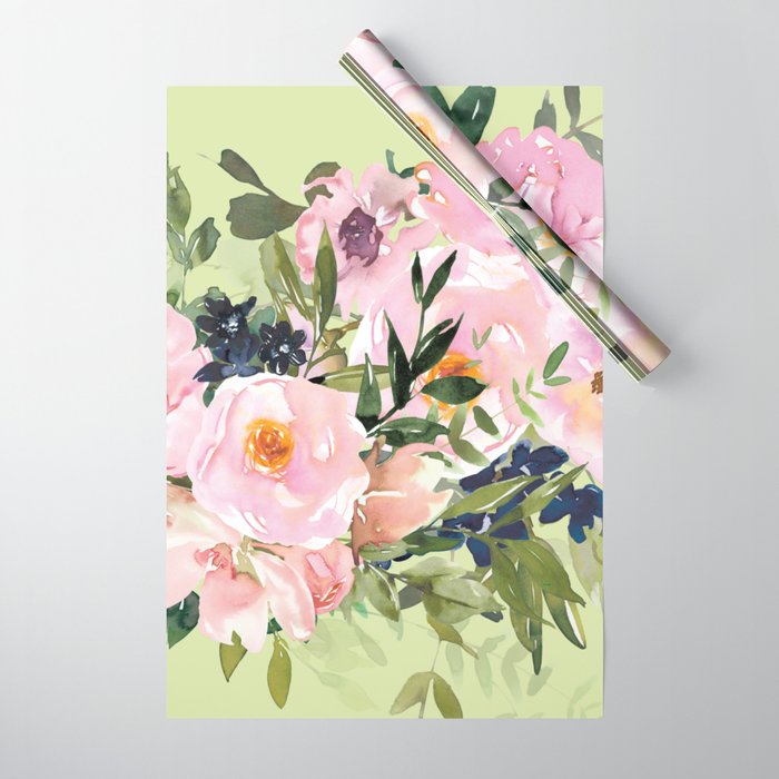 Floral Watercolor Roses Bouquet, Lime Green and Pink Wrapping Paper Gallery Image 1