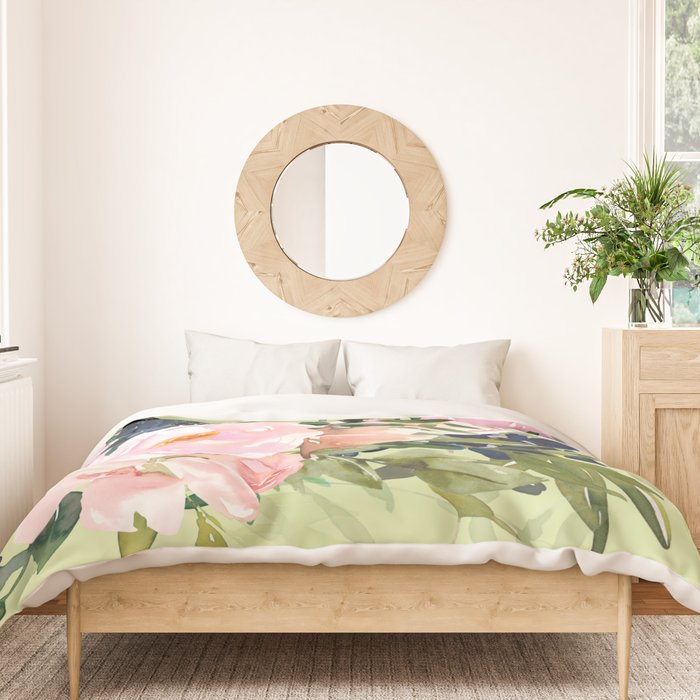 Floral Watercolor Roses Bouquet, Lime Green and Pink Duvet Cover Gallery Image 3