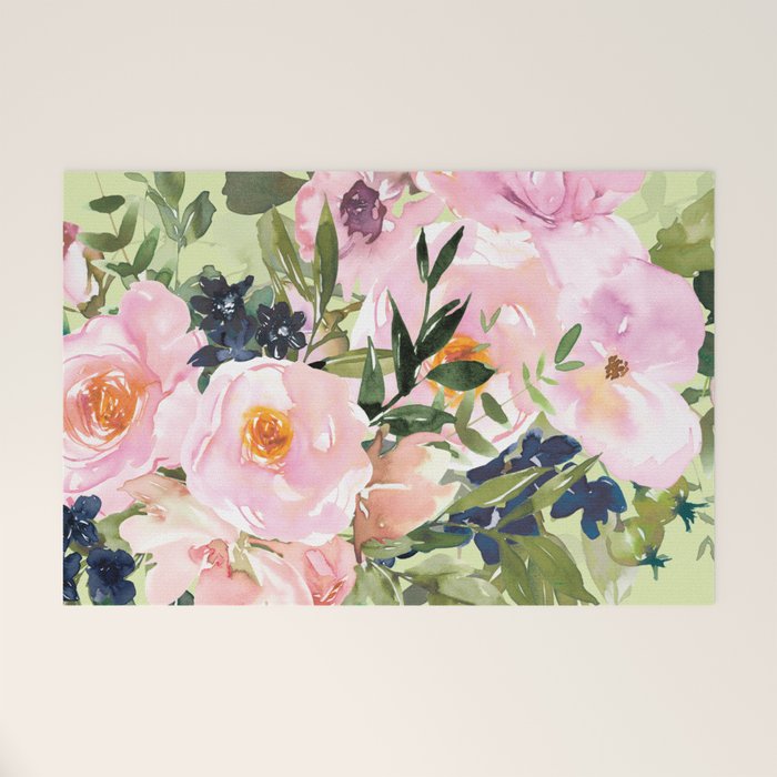 Floral Watercolor Roses Bouquet, Lime Green and Pink Welcome Mat Gallery Image 1