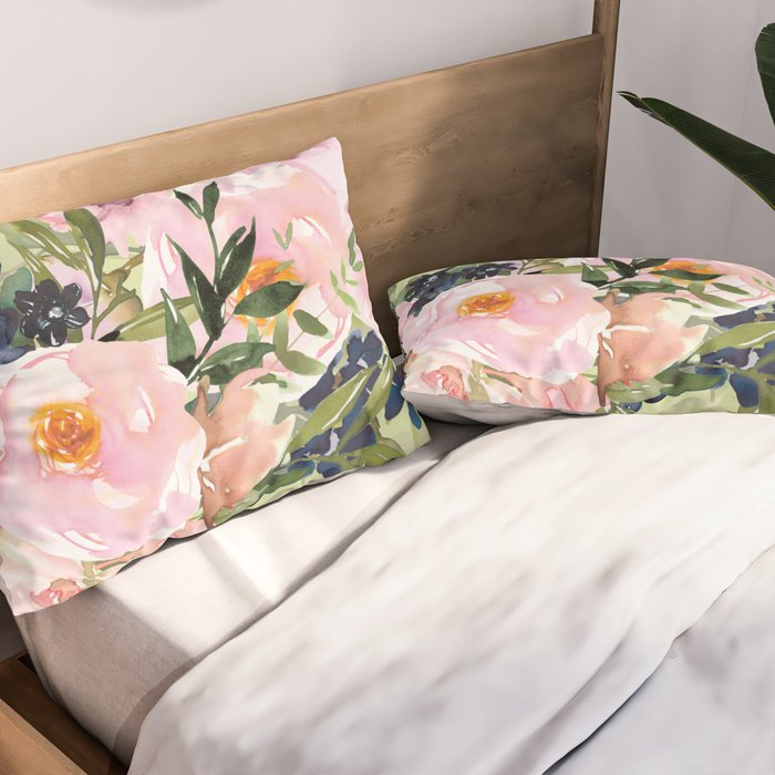 Floral Watercolor Roses Bouquet, Lime Green and Pink Pillow Sham Gallery Image 2