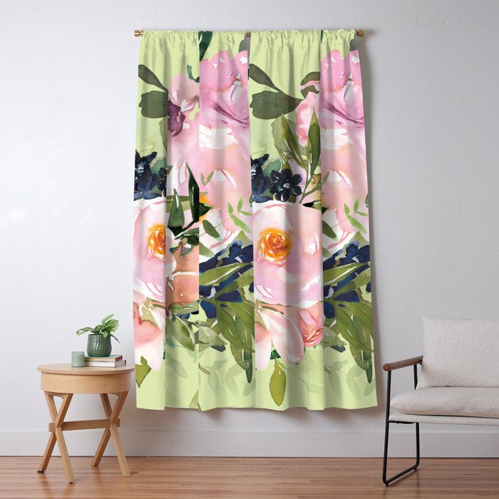 Floral Watercolor Roses Bouquet, Lime Green and Pink Window Curtain Gallery Image 1