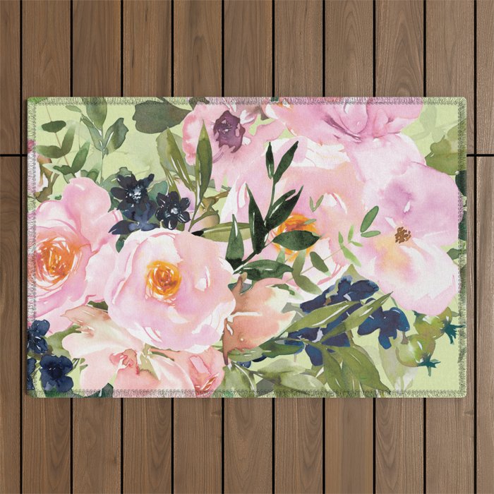 Floral Watercolor Roses Bouquet, Lime Green and Pink Outdoor Rug Gallery Image 1