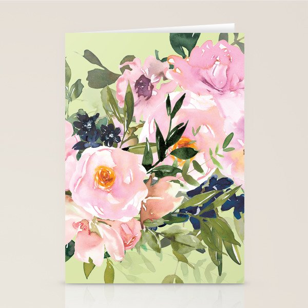 Floral Watercolor Roses Bouquet, Lime Green and Pink Stationery Card Gallery Image 1
