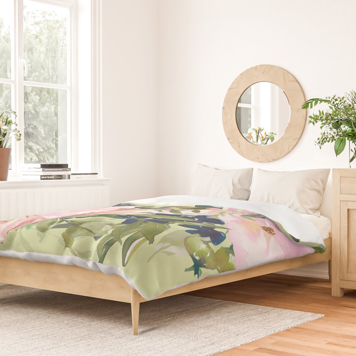 Floral Watercolor Roses Bouquet, Lime Green and Pink Duvet Cover Gallery Image 2