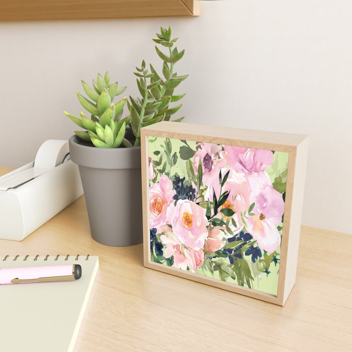 Floral Watercolor Roses Bouquet, Lime Green and Pink Mini Art Print Gallery Image 2