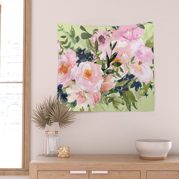 Floral Watercolor Roses Bouquet, Lime Green and Pink Wall Tapestry Gallery Image 2