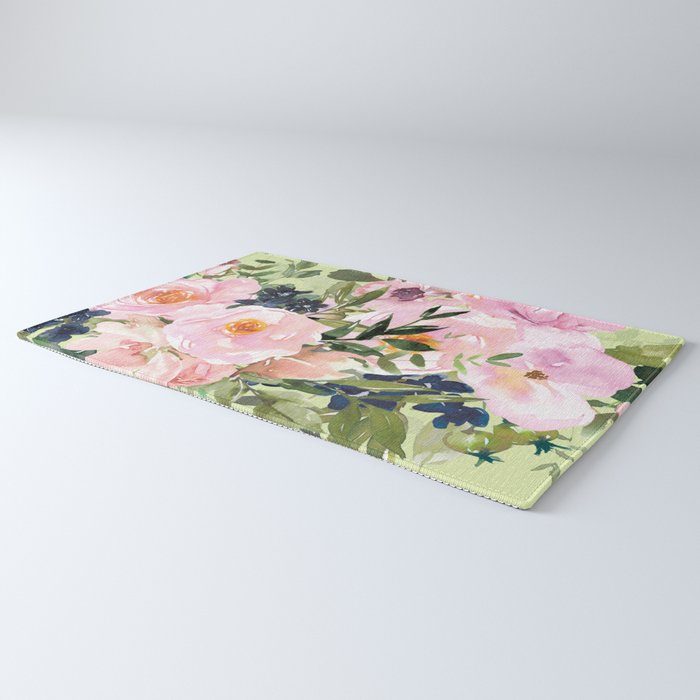 Floral Watercolor Roses Bouquet, Lime Green and Pink Rug Gallery Image 3