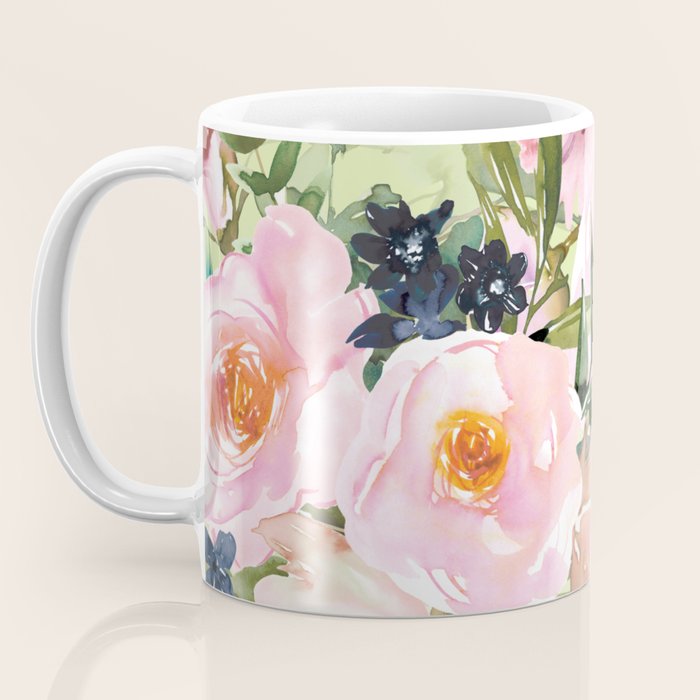 Floral Watercolor Roses Bouquet, Lime Green and Pink Coffee Mug Gallery Image 3
