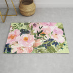 Floral Watercolor Roses Bouquet, Lime Green and Pink Rug Gallery Image 1