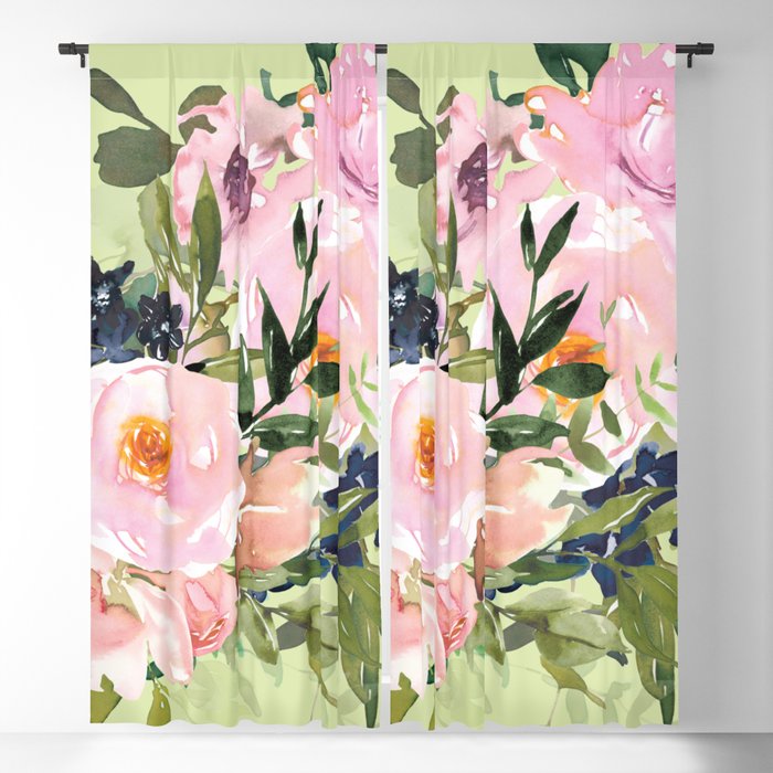 Floral Watercolor Roses Bouquet, Lime Green and Pink Window Curtain Gallery Image 5