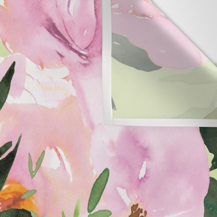 Floral Watercolor Roses Bouquet, Lime Green and Pink Wall Tapestry Gallery Image 3