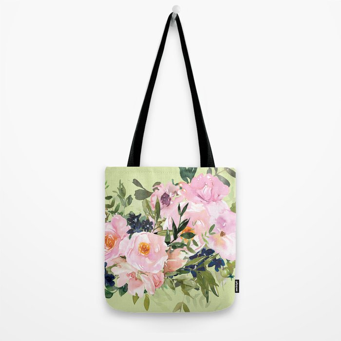 Floral Watercolor Roses Bouquet, Lime Green and Pink Tote Bag Gallery Image 2