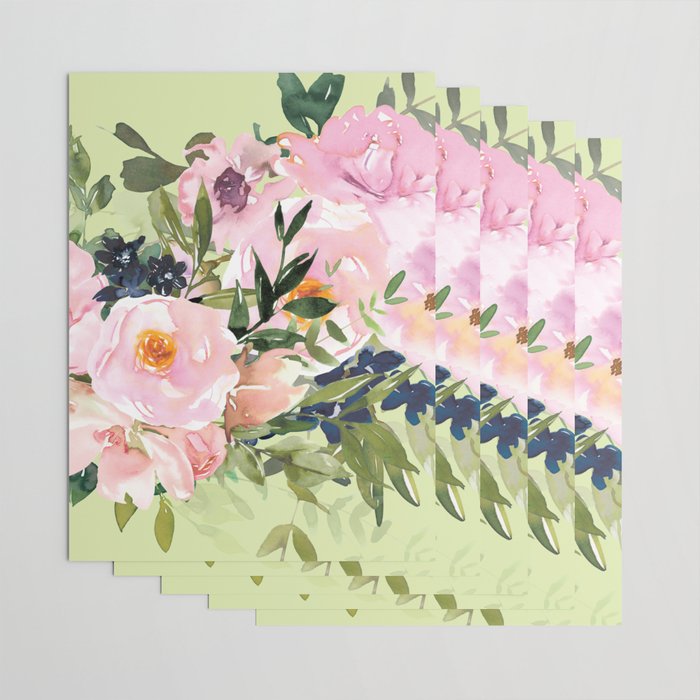 Floral Watercolor Roses Bouquet, Lime Green and Pink Wrapping Paper Gallery Image 3