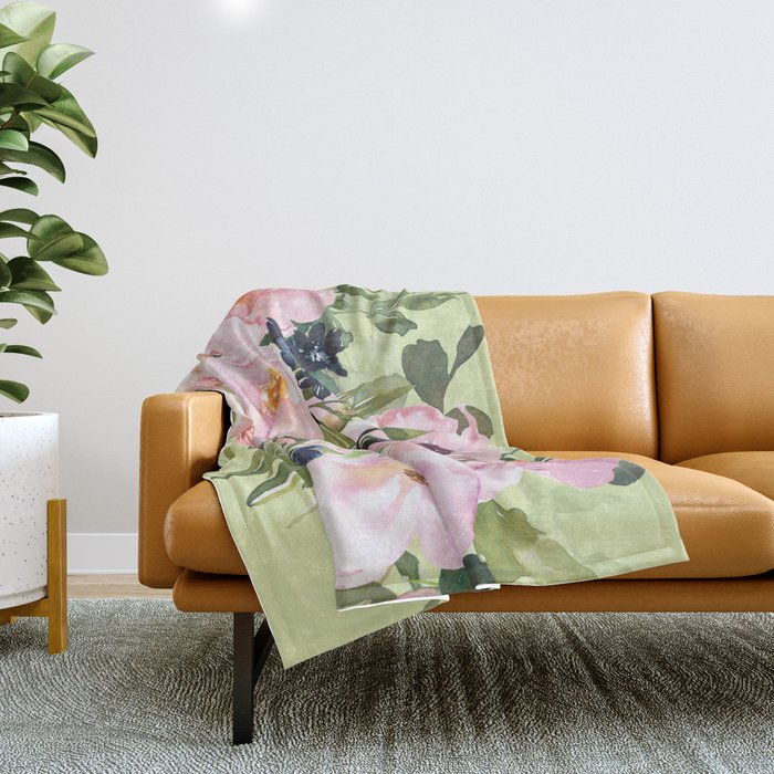 Floral Watercolor Roses Bouquet, Lime Green and Pink Throw Blanket Gallery Image 1