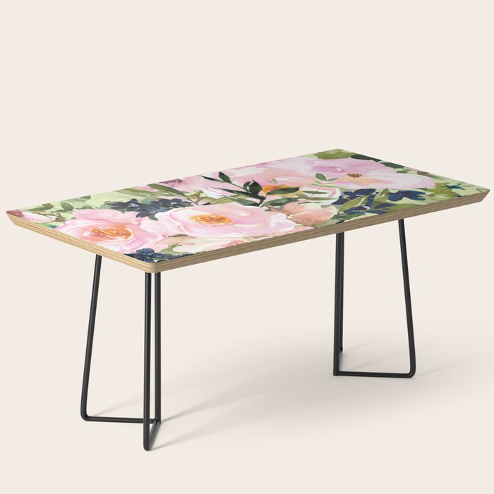 Floral Watercolor Roses Bouquet, Lime Green and Pink Coffee Table Gallery Image 1