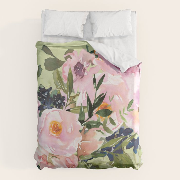 Floral Watercolor Roses Bouquet, Lime Green and Pink Duvet Cover Gallery Image 6