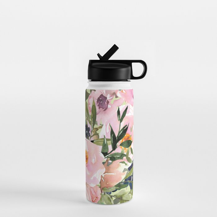 Floral Watercolor Roses Bouquet, Lime Green and Pink Water Bottle Gallery Image 1
