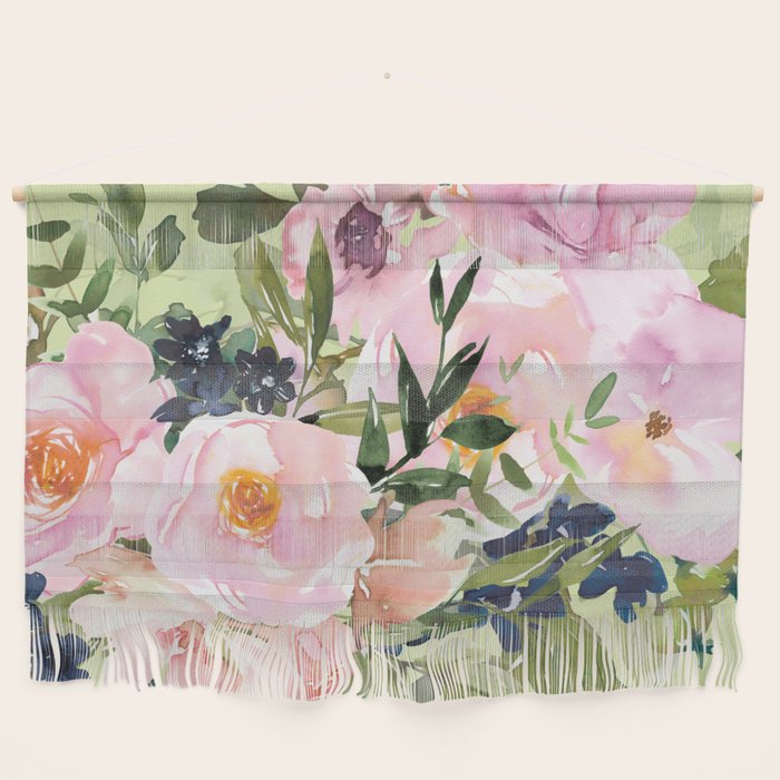 Floral Watercolor Roses Bouquet, Lime Green and Pink Wall Hanging Gallery Image 1