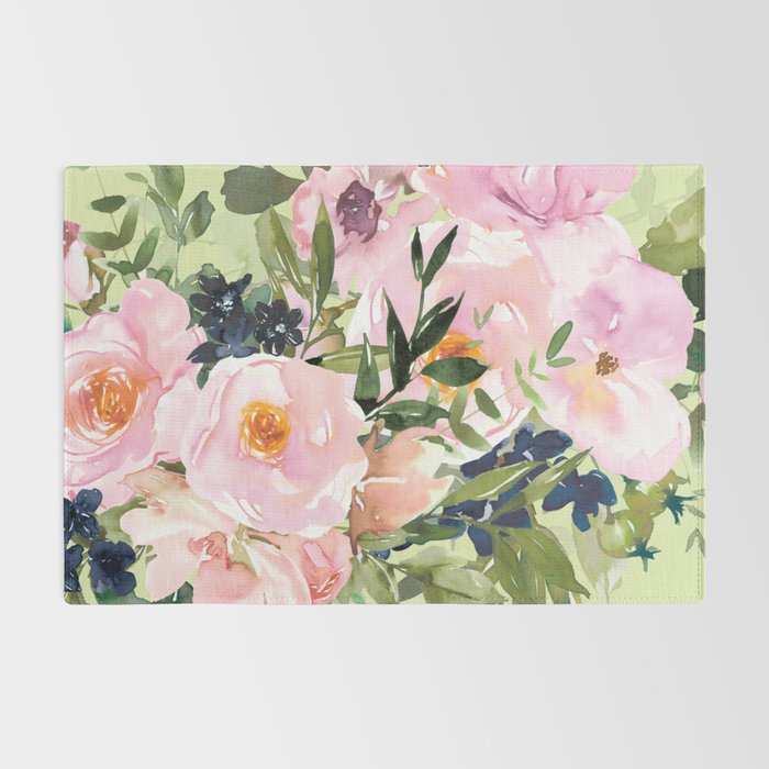 Floral Watercolor Roses Bouquet, Lime Green and Pink Rug Gallery Image 2