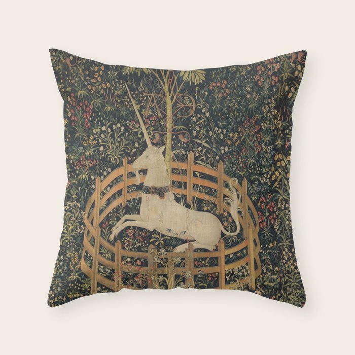 The Unicorn Rests in a Garden (from the Unicorn Tapestries) Throw Pillow Gallery Image 1