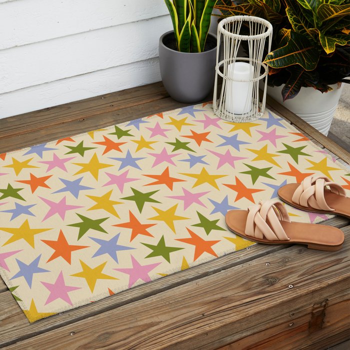 Colorful retro star shape art pattern Outdoor Rug Gallery Image 2