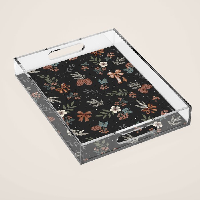 Vintage Winter Foliage with Berries, Pinecones and Ribbons on Black Acrylic Tray Gallery Image 1