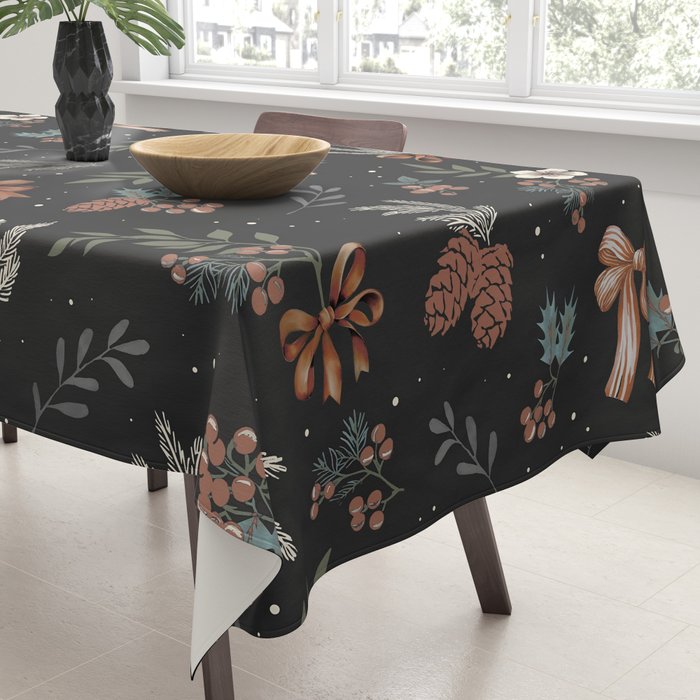 Vintage Winter Foliage with Berries, Pinecones and Ribbons on Black Tablecloth Gallery Image 3