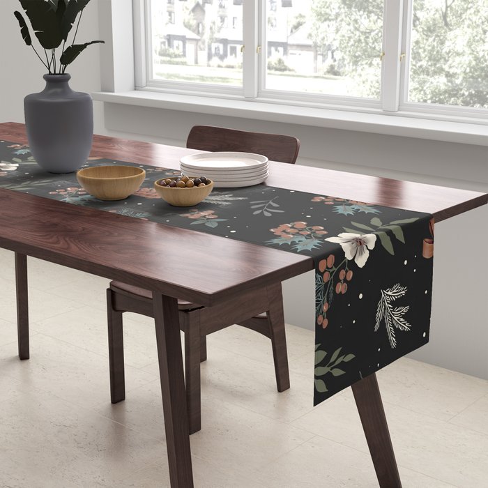 Vintage Winter Foliage with Berries, Pinecones and Ribbons on Black Table Runner Gallery Image 2