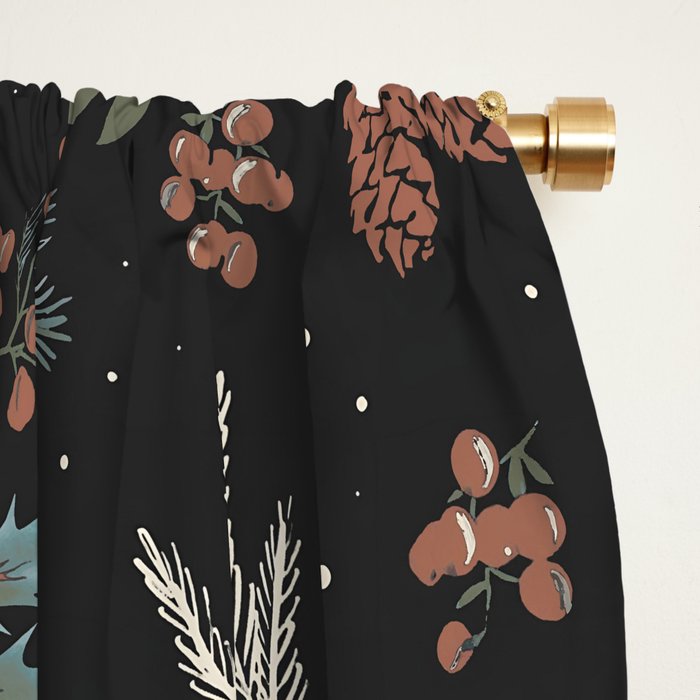 Vintage Winter Foliage with Berries, Pinecones and Ribbons on Black Window Curtain Gallery Image 2