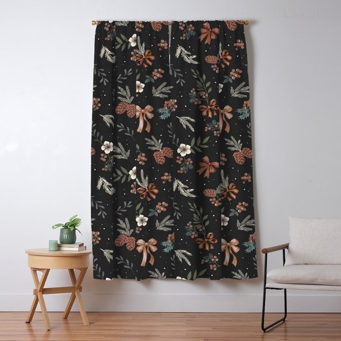 Vintage Winter Foliage with Berries, Pinecones and Ribbons on Black Window Curtain Gallery Image 5