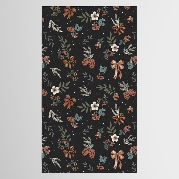 Vintage Winter Foliage with Berries, Pinecones and Ribbons on Black Tablecloth Gallery Image 2