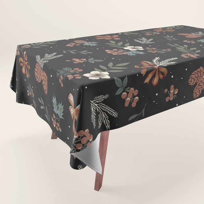 Vintage Winter Foliage with Berries, Pinecones and Ribbons on Black Tablecloth Gallery Image 1