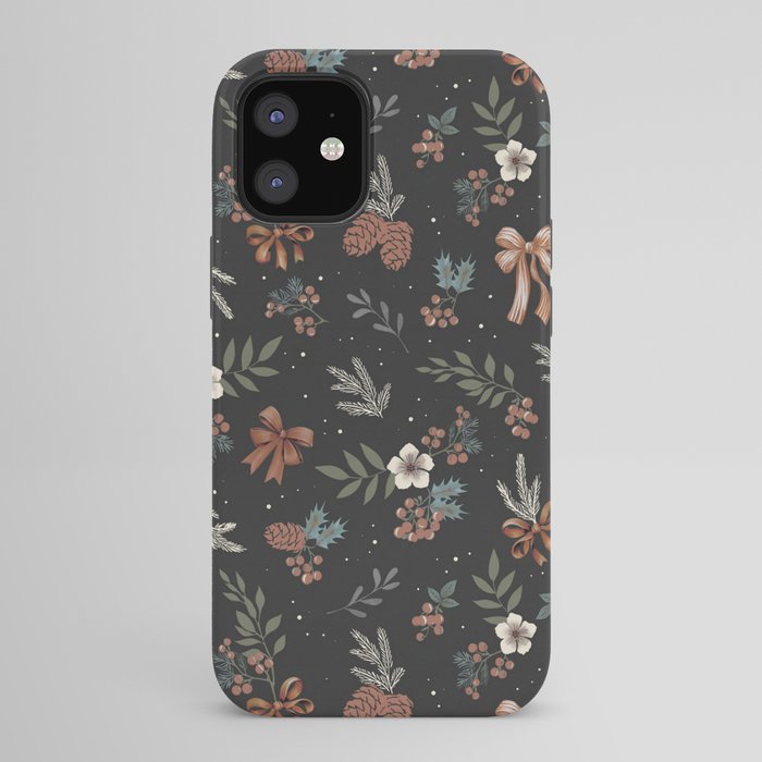 Vintage Winter Foliage with Berries, Pinecones and Ribbons on Black iPhone Case Gallery Image 42