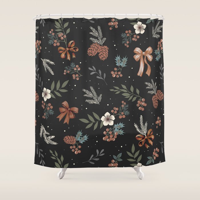 Vintage Winter Foliage with Berries, Pinecones and Ribbons on Black Shower Curtain Gallery Image 1