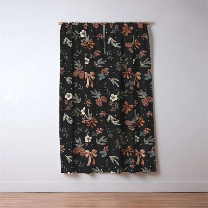 Vintage Winter Foliage with Berries, Pinecones and Ribbons on Black Window Curtain Gallery Image 3