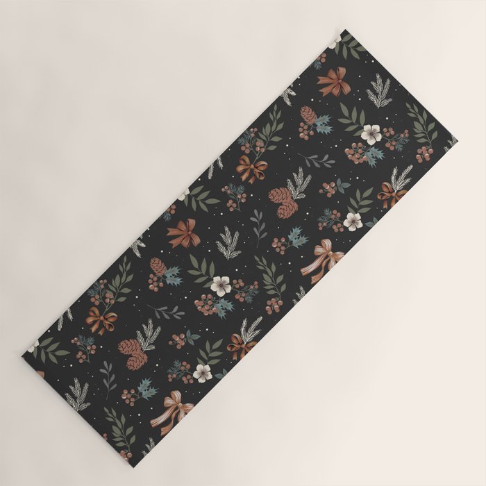 Vintage Winter Foliage with Berries, Pinecones and Ribbons on Black Yoga Mat Gallery Image 1