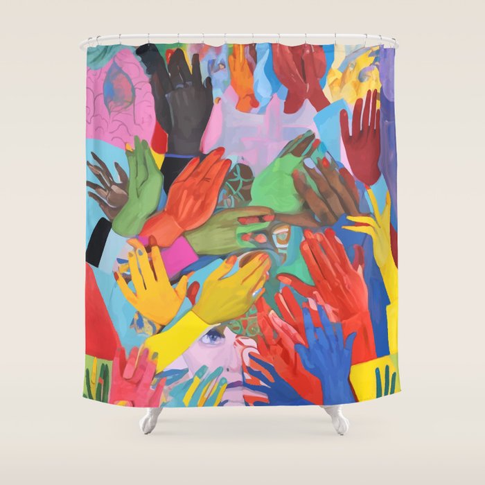 A Hand Is All We Need, Abstract Human Face Community, Humanity People Colorful Concept Positivity Shower Curtain Gallery Image 1