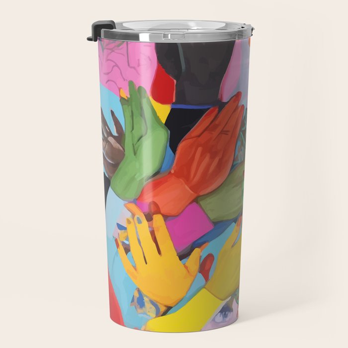 A Hand Is All We Need, Abstract Human Face Community, Humanity People Colorful Concept Positivity Travel Mug Gallery Image 3