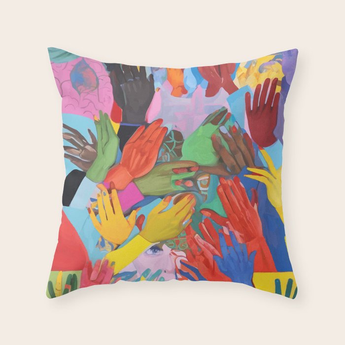 A Hand Is All We Need, Abstract Human Face Community, Humanity People Colorful Concept Positivity Throw Pillow Gallery Image 1