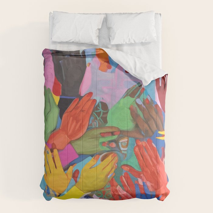 A Hand Is All We Need, Abstract Human Face Community, Humanity People Colorful Concept Positivity Comforter Gallery Image 6