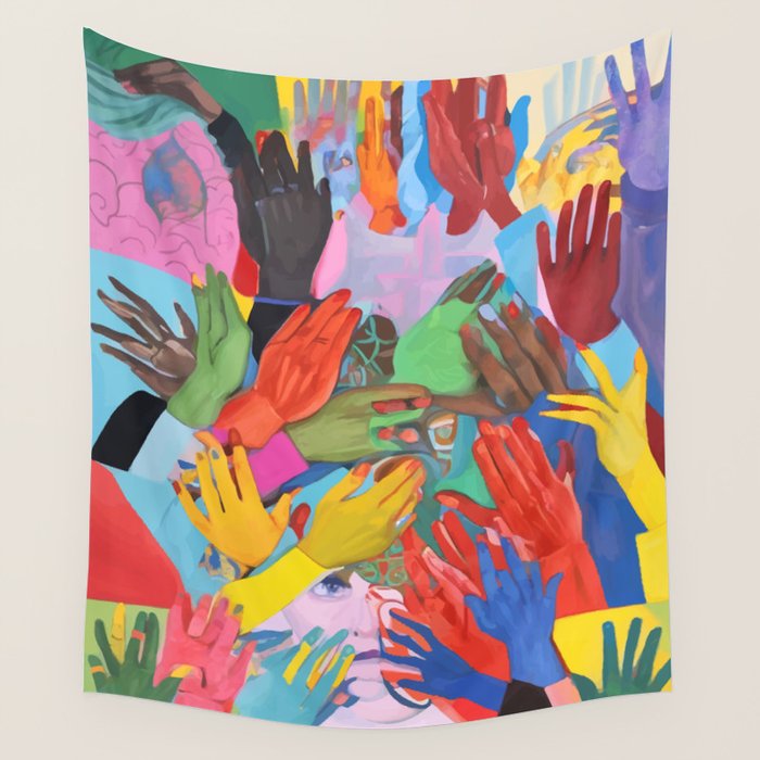A Hand Is All We Need, Abstract Human Face Community, Humanity People Colorful Concept Positivity Wall Tapestry Gallery Image 1