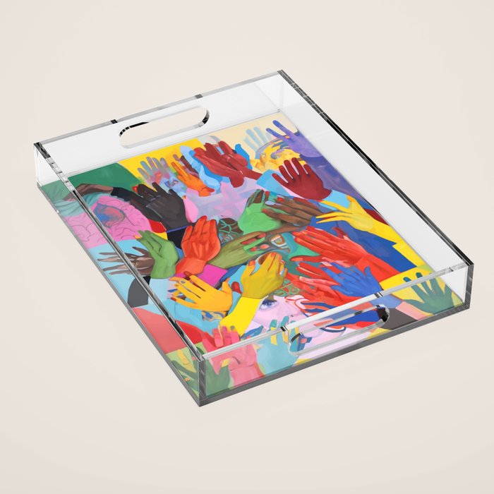 A Hand Is All We Need, Abstract Human Face Community, Humanity People Colorful Concept Positivity Acrylic Tray Gallery Image 1