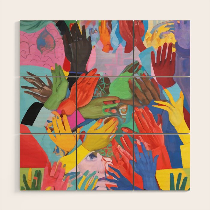 A Hand Is All We Need, Abstract Human Face Community, Humanity People Colorful Concept Positivity Wood Wall Art Gallery Image 1