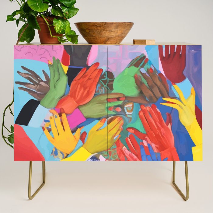 A Hand Is All We Need, Abstract Human Face Community, Humanity People Colorful Concept Positivity Credenza Gallery Image 1