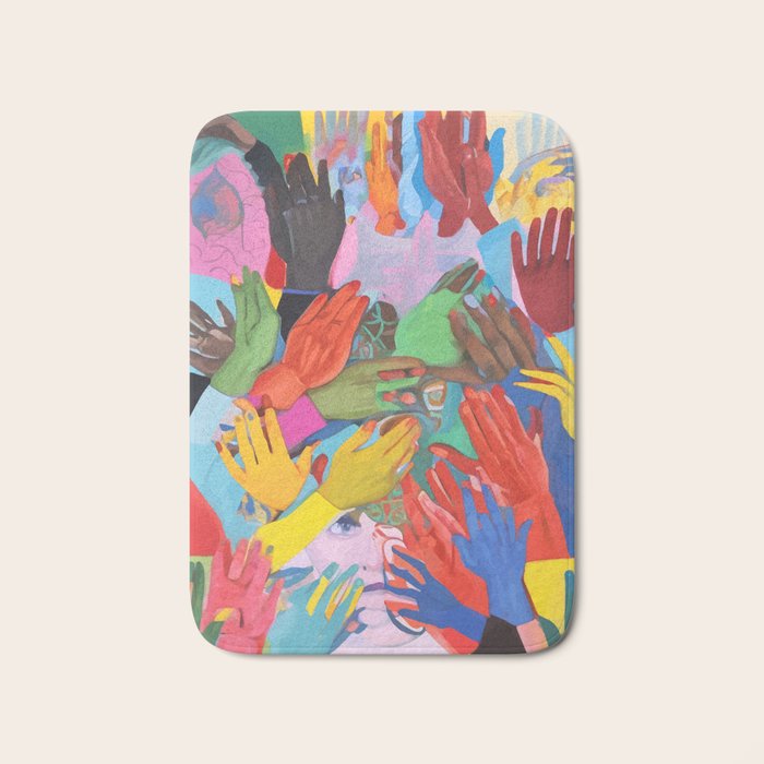 A Hand Is All We Need, Abstract Human Face Community, Humanity People Colorful Concept Positivity Bath Mat Gallery Image 1