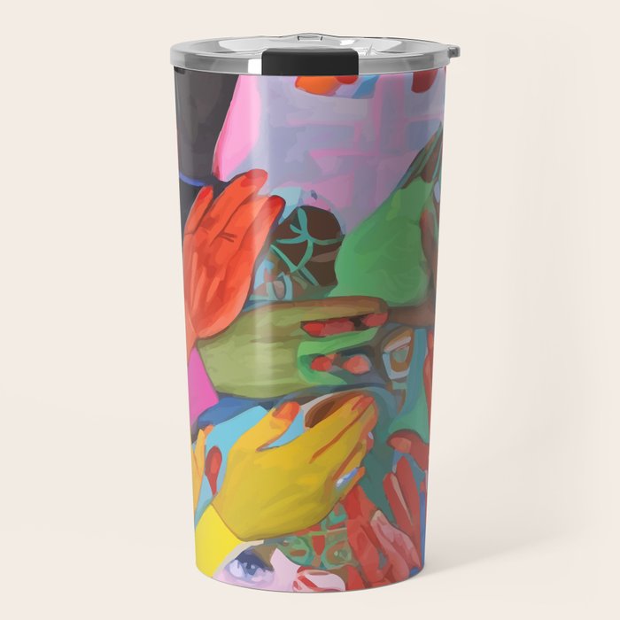 A Hand Is All We Need, Abstract Human Face Community, Humanity People Colorful Concept Positivity Travel Mug Gallery Image 1