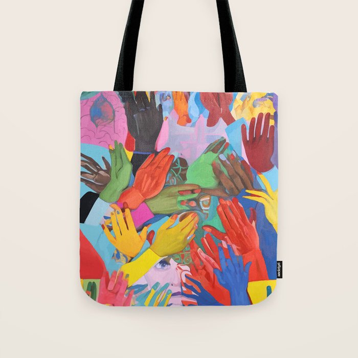 A Hand Is All We Need, Abstract Human Face Community, Humanity People Colorful Concept Positivity Tote Bag Gallery Image 1
