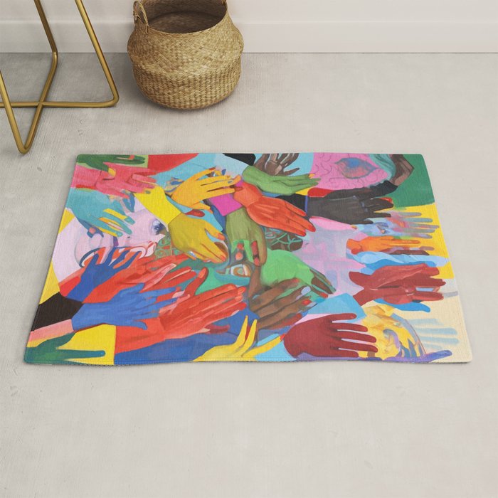 A Hand Is All We Need, Abstract Human Face Community, Humanity People Colorful Concept Positivity Rug Gallery Image 1