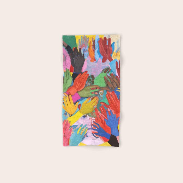A Hand Is All We Need, Abstract Human Face Community, Humanity People Colorful Concept Positivity Bath Towel Gallery Image 1