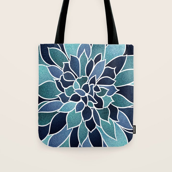 Festive, Flower Bloom, Navy Blue and Teal Tote Bag Gallery Image 1